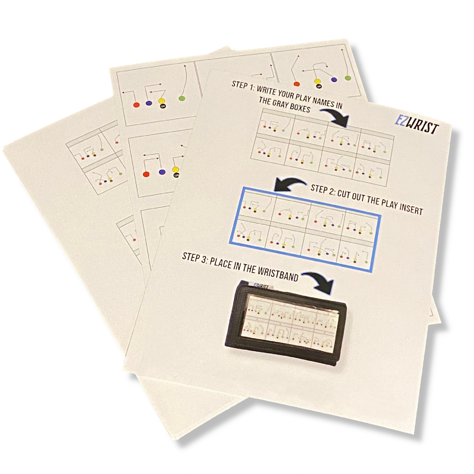 EZ Wrist blank play card insert sheets — write your plays, cut out the insert, place it in the wristband