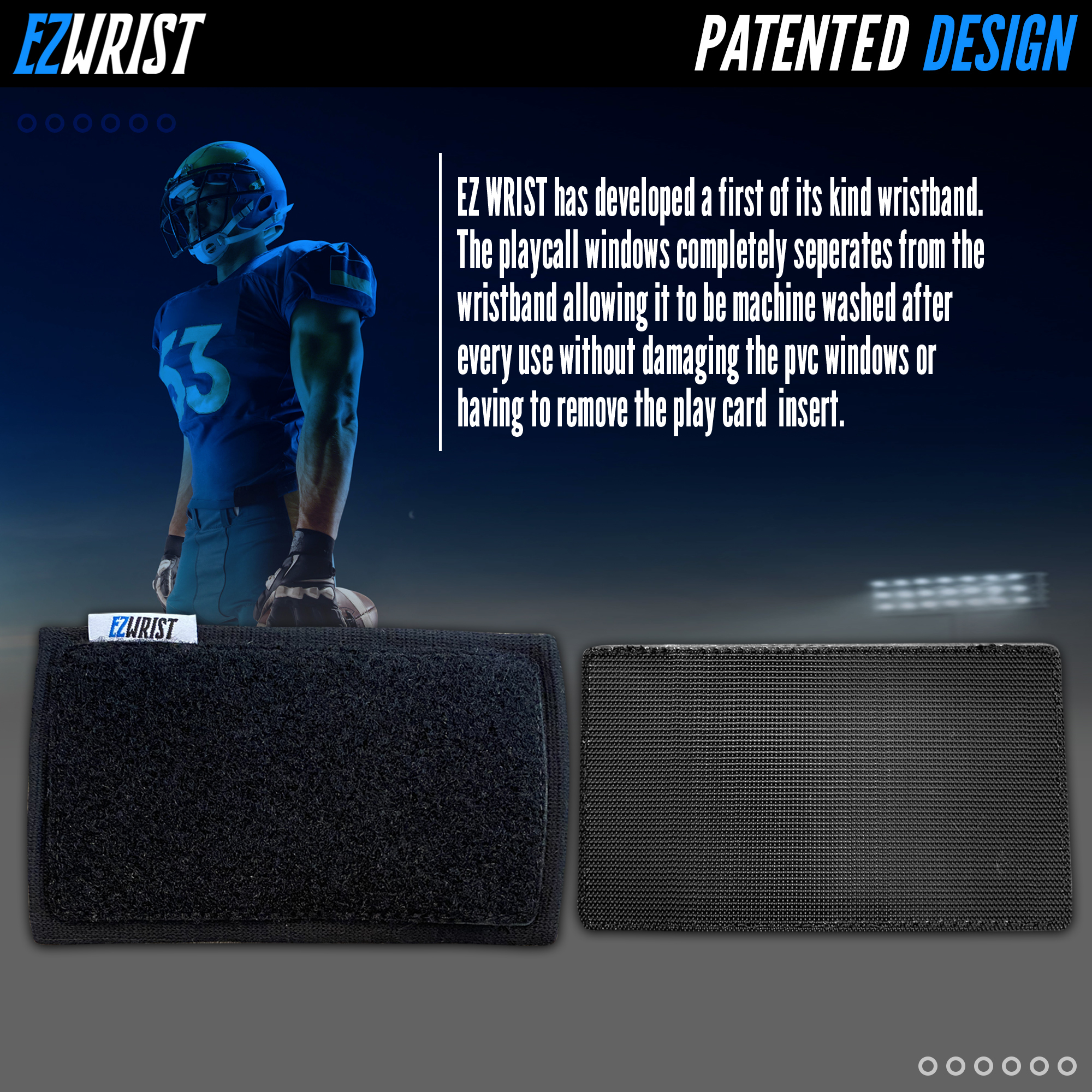 EZ Wrist patented design — playcall window separates from the wristband
